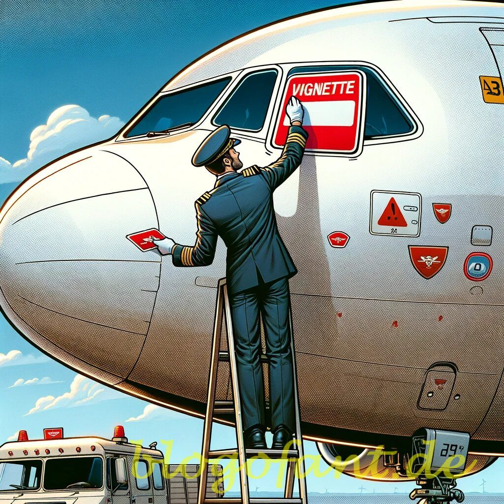 DALL·E 2024 01 31 16.29.56 Create a comic style illustration showing a pilot outside an Airbus A320 standing on a ladder and applying a red vignette sticker the size of a high