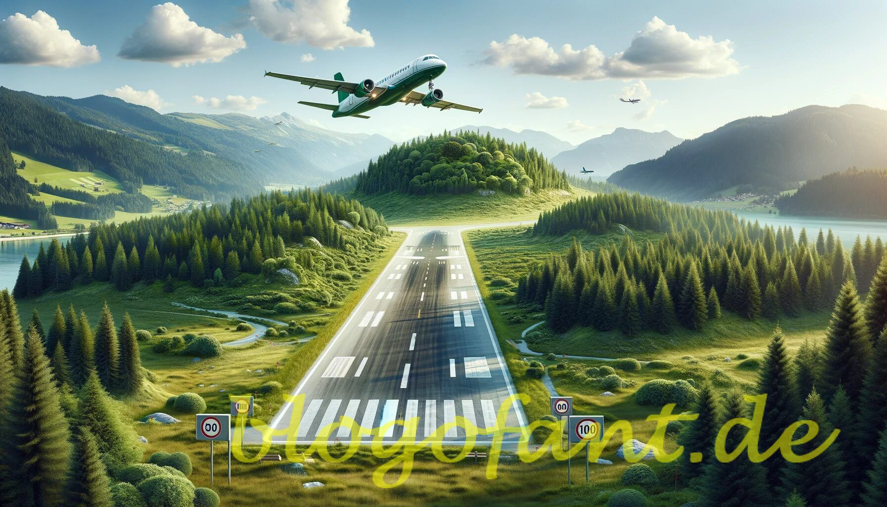 DALL·E 2024 01 31 16.33.11 A serene Austrian airport runway nestled in a lush green landscape. A small eco friendly airplane is depicted taking off with a clear blue sky abov